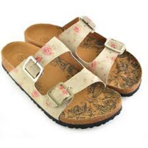 Calceo Floral Beige Sandals with Buckles Cork Sole - Picture 1 of 8